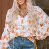 Discount Dear-Lover Tassel Tie V Neck Bubble Sleeve Floral Blouse White