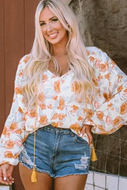 Discount Dear-Lover Tassel Tie V Neck Bubble Sleeve Floral Blouse White