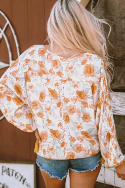 Discount Dear-Lover Tassel Tie V Neck Bubble Sleeve Floral Blouse White