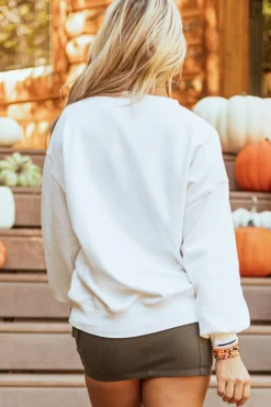 Online Dear-Lover Terry Halloween Pumpkin Patched Pattern Pullover Sweatshirt White