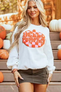 Online Dear-Lover Terry Halloween Pumpkin Patched Pattern Pullover Sweatshirt White