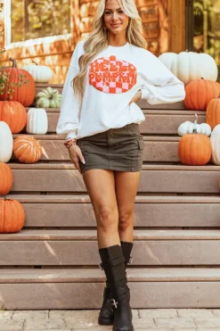 Online Dear-Lover Terry Halloween Pumpkin Patched Pattern Pullover Sweatshirt White