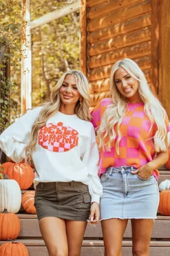 Online Dear-Lover Terry Halloween Pumpkin Patched Pattern Pullover Sweatshirt White