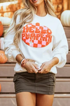 Online Dear-Lover Terry Halloween Pumpkin Patched Pattern Pullover Sweatshirt White