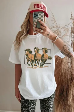 Discount Dear-Lover Texas Horse Graphic Cuffed Sleeve Graphic T Shirt White