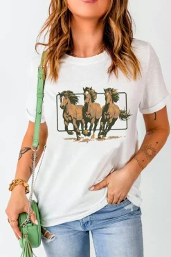 Discount Dear-Lover Texas Horse Graphic Cuffed Sleeve Graphic T Shirt White