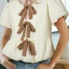 Hot Dear-Lover Textured Bow Ties Front Bubble Hem Puff Short Sleeve Blouse White