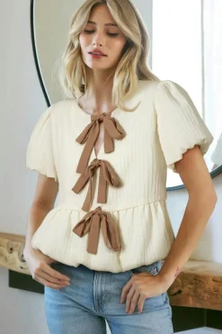 Hot Dear-Lover Textured Bow Ties Front Bubble Hem Puff Short Sleeve Blouse White