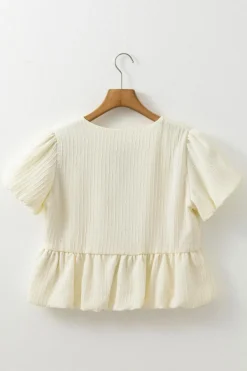 Hot Dear-Lover Textured Bow Ties Front Bubble Hem Puff Short Sleeve Blouse White