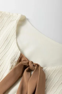 Hot Dear-Lover Textured Bow Ties Front Bubble Hem Puff Short Sleeve Blouse White
