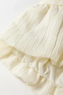 Hot Dear-Lover Textured Bow Ties Front Bubble Hem Puff Short Sleeve Blouse White