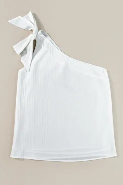 Outlet Dear-Lover Textured Bowknot One Shoulder Tank Top White