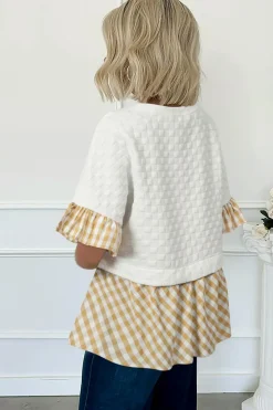 Fashion Dear-Lover Textured Checker Contrast Print Ruffled Sleeve Blouse White