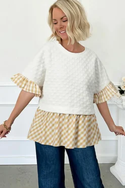 Fashion Dear-Lover Textured Checker Contrast Print Ruffled Sleeve Blouse White