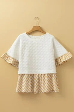 Fashion Dear-Lover Textured Checker Contrast Print Ruffled Sleeve Blouse White