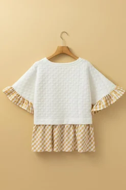 Fashion Dear-Lover Textured Checker Contrast Print Ruffled Sleeve Blouse White