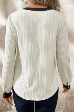 Outlet Dear-Lover Textured Colorblock V Neck Elegant Blouse White