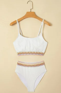 Sale Dear-Lover Textured Contrast Banding Bikini High Waist 2pcs Swimsuit White