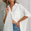 Clearance Dear-Lover Textured Cotton Gauze Single Chest Pocket 3 4 Sleeve Oversize Shirt White