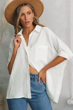 Clearance Dear-Lover Textured Cotton Gauze Single Chest Pocket 3 4 Sleeve Oversize Shirt White