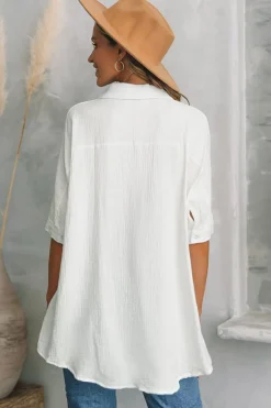 Clearance Dear-Lover Textured Cotton Gauze Single Chest Pocket 3 4 Sleeve Oversize Shirt White