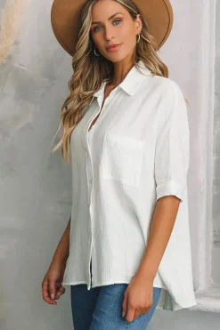 Clearance Dear-Lover Textured Cotton Gauze Single Chest Pocket 3 4 Sleeve Oversize Shirt White