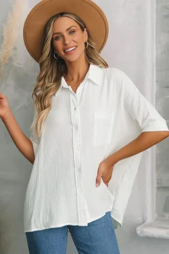 Clearance Dear-Lover Textured Cotton Gauze Single Chest Pocket 3 4 Sleeve Oversize Shirt White