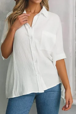 Clearance Dear-Lover Textured Cotton Gauze Single Chest Pocket 3 4 Sleeve Oversize Shirt White