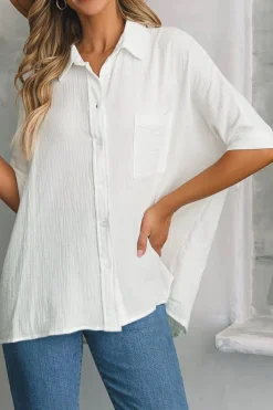 Clearance Dear-Lover Textured Cotton Gauze Single Chest Pocket 3 4 Sleeve Oversize Shirt White