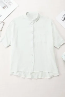 Clearance Dear-Lover Textured Cotton Gauze Single Chest Pocket 3 4 Sleeve Oversize Shirt White
