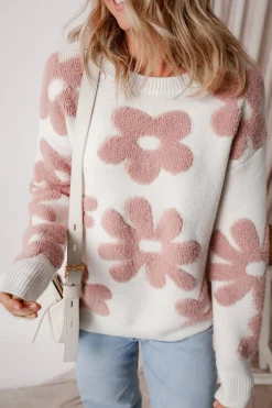 Outlet Dear-Lover Textured Flower Drop Shoulder Loose Sweater White