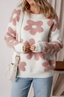 Outlet Dear-Lover Textured Flower Drop Shoulder Loose Sweater White