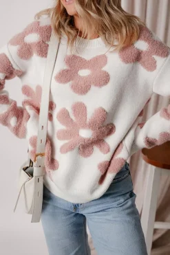 Outlet Dear-Lover Textured Flower Drop Shoulder Loose Sweater White