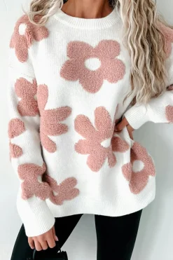 Outlet Dear-Lover Textured Flower Drop Shoulder Loose Sweater White