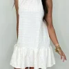 Fashion Dear-Lover Textured Frilled High Neck Sleeveless Ruffled Mini Dress White