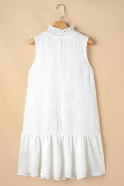 Fashion Dear-Lover Textured Frilled High Neck Sleeveless Ruffled Mini Dress White