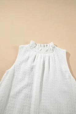 Fashion Dear-Lover Textured Frilled High Neck Sleeveless Ruffled Mini Dress White