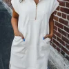 Fashion Dear-Lover Textured Half Zip Collared Cap Sleeve Mini Dress White