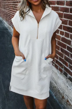 Fashion Dear-Lover Textured Half Zip Collared Cap Sleeve Mini Dress White