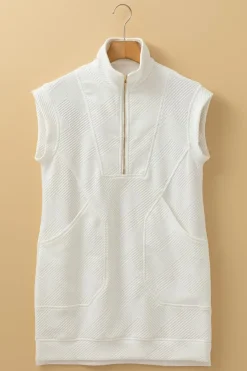 Fashion Dear-Lover Textured Half Zip Collared Cap Sleeve Mini Dress White