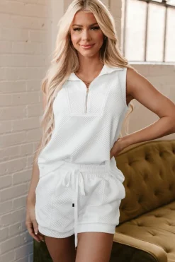 Clearance Dear-Lover Textured Half Zip Tank Top Drawstring Shorts Set White