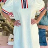Clearance Dear-Lover Textured Jacquard Colorblock Edge Puff Sleeve Quarter Zip Mini Dress White
