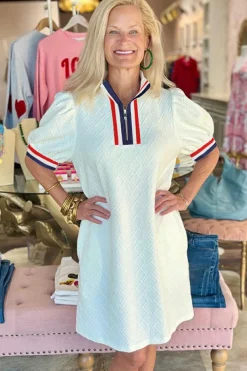 Clearance Dear-Lover Textured Jacquard Colorblock Edge Puff Sleeve Quarter Zip Mini Dress White