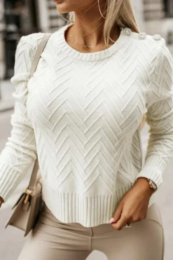 Clearance Dear-Lover Textured Knit Button Decor Pullover Sweater White