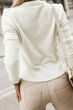 Clearance Dear-Lover Textured Knit Button Decor Pullover Sweater White