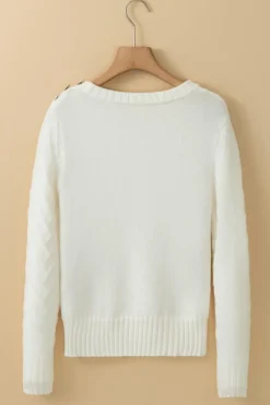 Clearance Dear-Lover Textured Knit Button Decor Pullover Sweater White