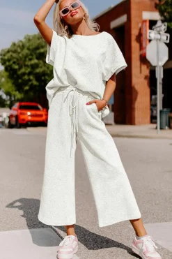 Fashion Dear-Lover Textured Loose Fit T Shirt and Drawstring Pants Set White