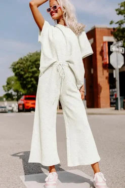 Fashion Dear-Lover Textured Loose Fit T Shirt and Drawstring Pants Set White