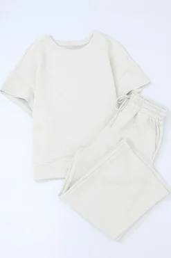 Fashion Dear-Lover Textured Loose Fit T Shirt and Drawstring Pants Set White