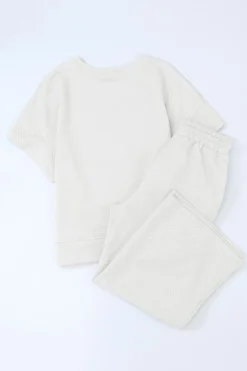 Fashion Dear-Lover Textured Loose Fit T Shirt and Drawstring Pants Set White